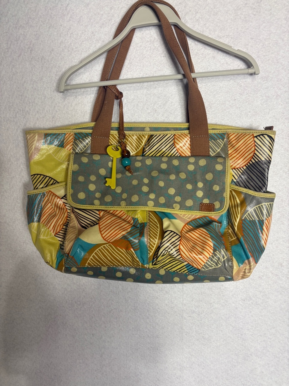 Fossil Polka Dot & Leaf Print Canvas Tote in Yellow, Teal & Orange